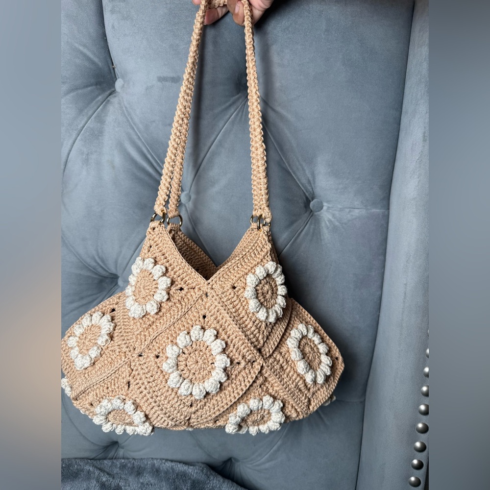 Handcrafted Tan and Cream 3D flower Crochet Tote Bag